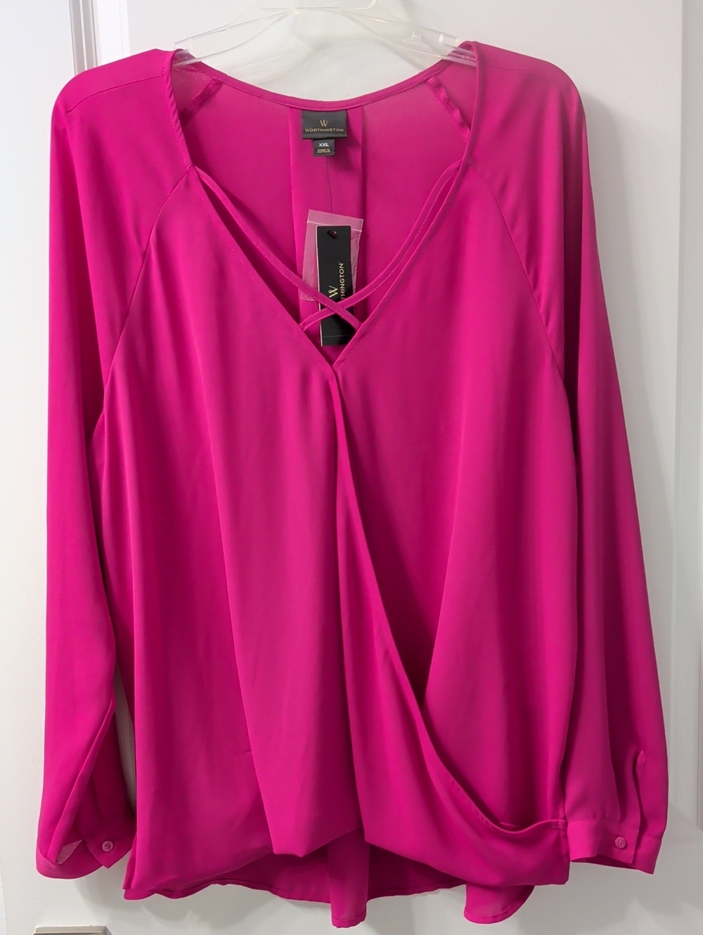 Worthington Hot Pink Crisscross V-Neck Long Sleeve Blouse
